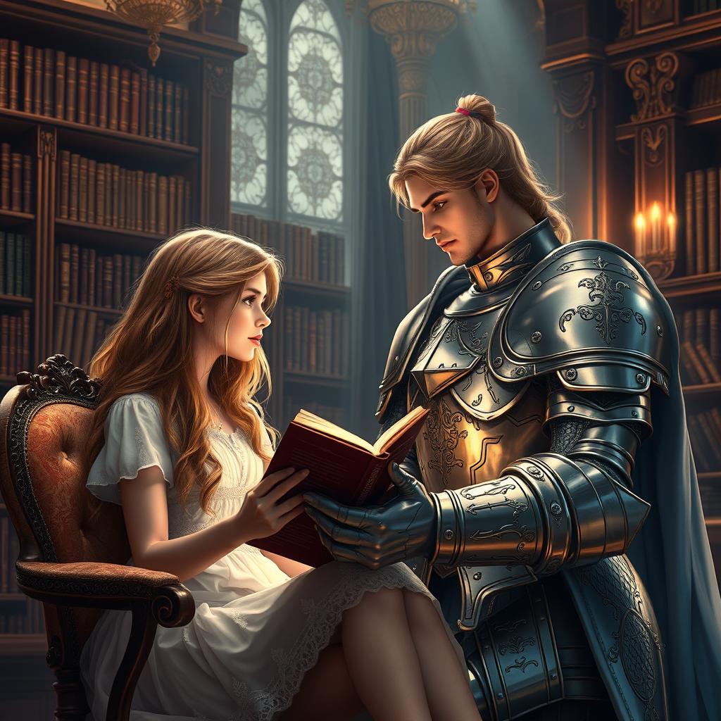 A lovely girl with cascading hair is seated in an elegantly decorated library, absorbed in reading a romantic novel