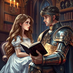 A lovely girl with cascading hair is seated in an elegantly decorated library, absorbed in reading a romantic novel