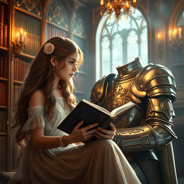 A lovely girl with cascading hair is seated in an elegantly decorated library, absorbed in reading a romantic novel