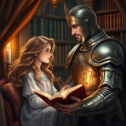 A beautiful girl with flowing hair is nestled in a cozy nook, engrossed in a fantasy novel