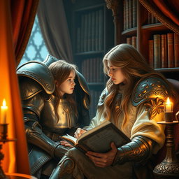 A beautiful girl with flowing hair is nestled in a cozy nook, engrossed in a fantasy novel