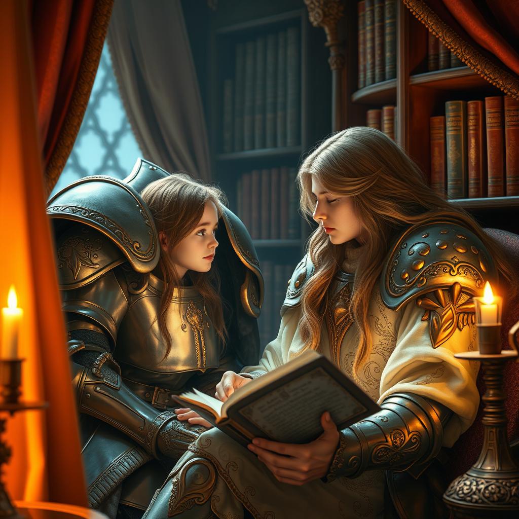 A beautiful girl with flowing hair is nestled in a cozy nook, engrossed in a fantasy novel