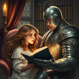 A beautiful girl with flowing hair is nestled in a cozy nook, engrossed in a fantasy novel