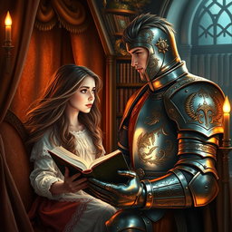 A beautiful girl with flowing hair is nestled in a cozy nook, engrossed in a fantasy novel
