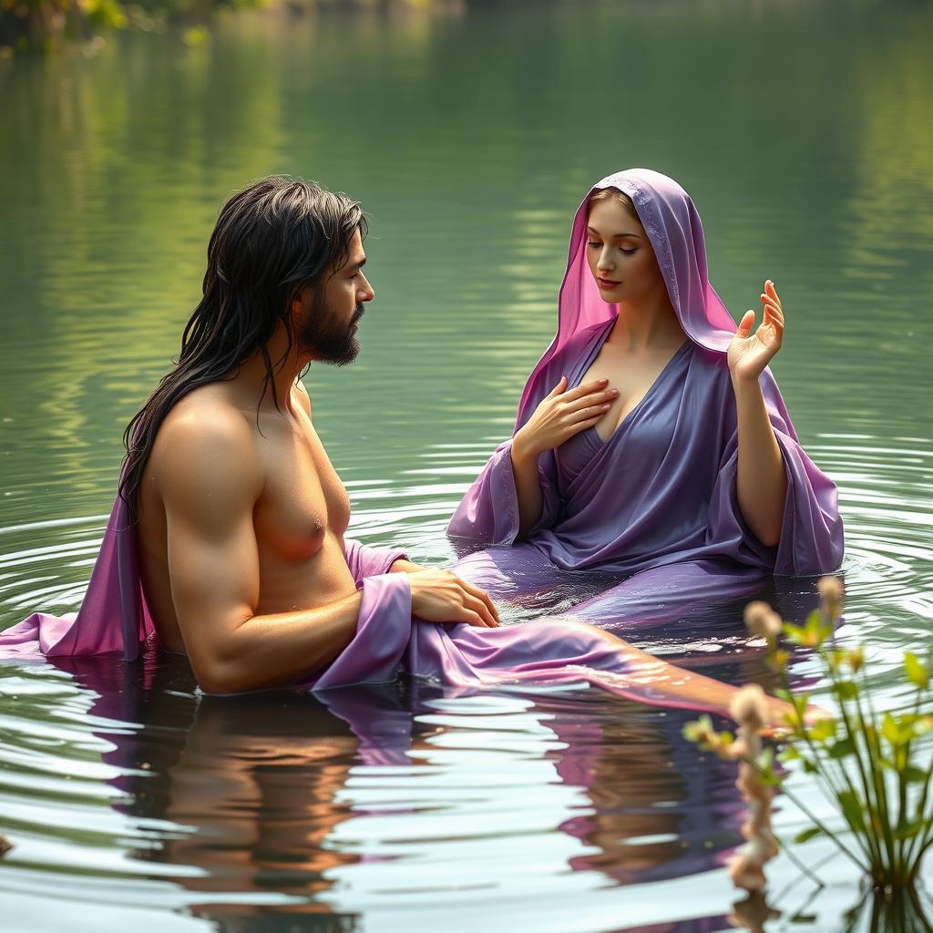 The Immaculate Virgin Mary, depicted as a stunning and divine figure, enjoying a bath in a tranquil lake with God the Father