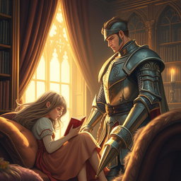 From my perspective, I see a beautiful girl with flowing hair nestled in a warm, inviting corner, deeply engrossed in reading her novel
