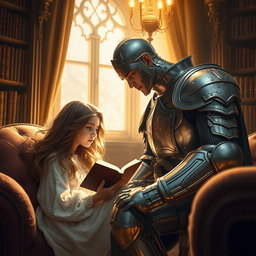 From my perspective, I see a beautiful girl with flowing hair nestled in a warm, inviting corner, deeply engrossed in reading her novel
