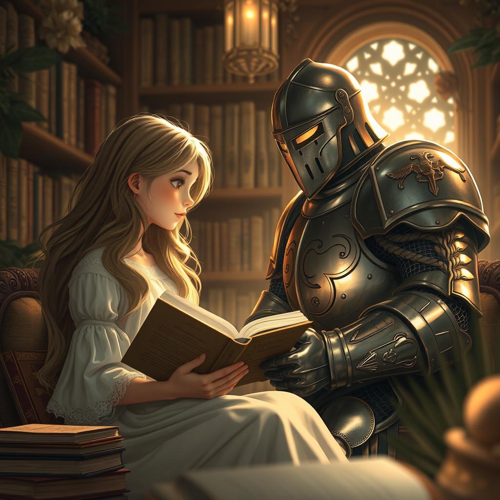 From my perspective, I observe a charming girl with flowing hair lost in a captivating novel, situated in a beautifully decorated reading nook