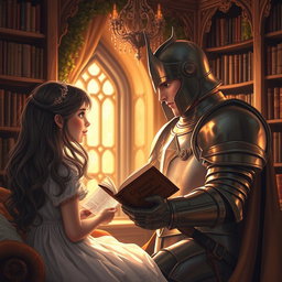 From my perspective, I observe a charming girl with flowing hair lost in a captivating novel, situated in a beautifully decorated reading nook