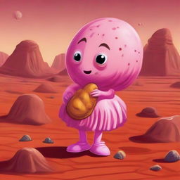 An anthropomorphized potato on the reddish terrain of Mars, amusingly playing a saxophone and eating a chimichanga, clad in a frilly, pink ballerina dress.