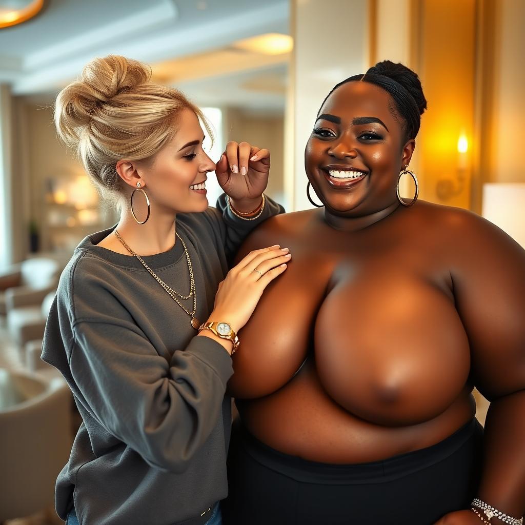 In a luxurious hotel setting, a young 20-year-old blonde woman with blue eyes, wearing a loose sweatshirt, adorned with a gold chain, a gold watch, and diamond earrings, has her hair styled in a bun