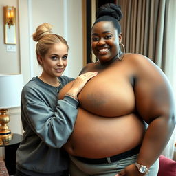 In a luxurious hotel setting, a young 20-year-old blonde woman with blue eyes, wearing a loose sweatshirt, adorned with a gold chain, a gold watch, and diamond earrings, has her hair styled in a bun