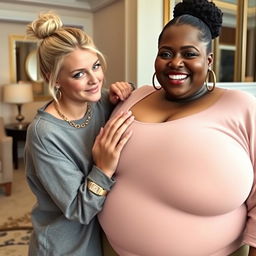 In a luxurious hotel setting, a young 20-year-old blonde woman with blue eyes, wearing a loose sweatshirt, adorned with a gold chain, a gold watch, and diamond earrings, has her hair styled in a bun