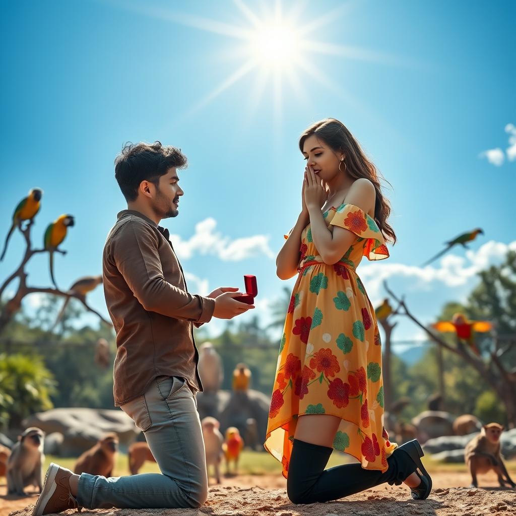 A romantic scene of a marriage proposal set at a lively zoo, where the sun shines brightly in the blue sky