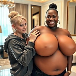 In a luxurious hotel setting, a young, petite, and slender 20-year-old blonde woman with blue eyes, dressed in a gangster-style hooded sweatshirt, accessorized with a gold chain and gold watch, has her short hair styled in a bun