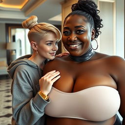 In a luxurious hotel setting, a young, petite, and slender 20-year-old blonde woman with blue eyes, dressed in a gangster-style hooded sweatshirt, accessorized with a gold chain and gold watch, has her short hair styled in a bun