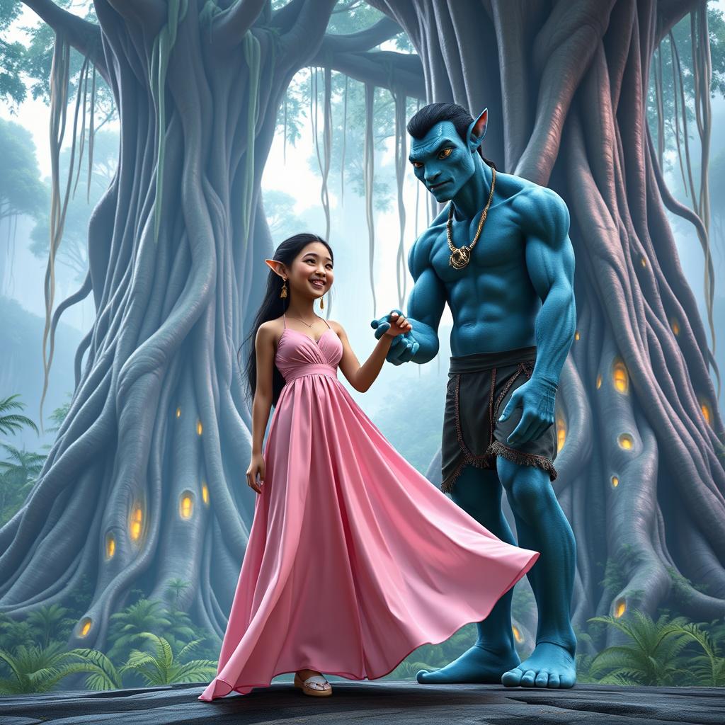A beautiful Indonesian girl wearing a flowing, wide long pink dress and white shoes, smiling happily as she is held by the hand of Avatar Jake Sully, who is towering at three meters tall with an enormous, muscular body
