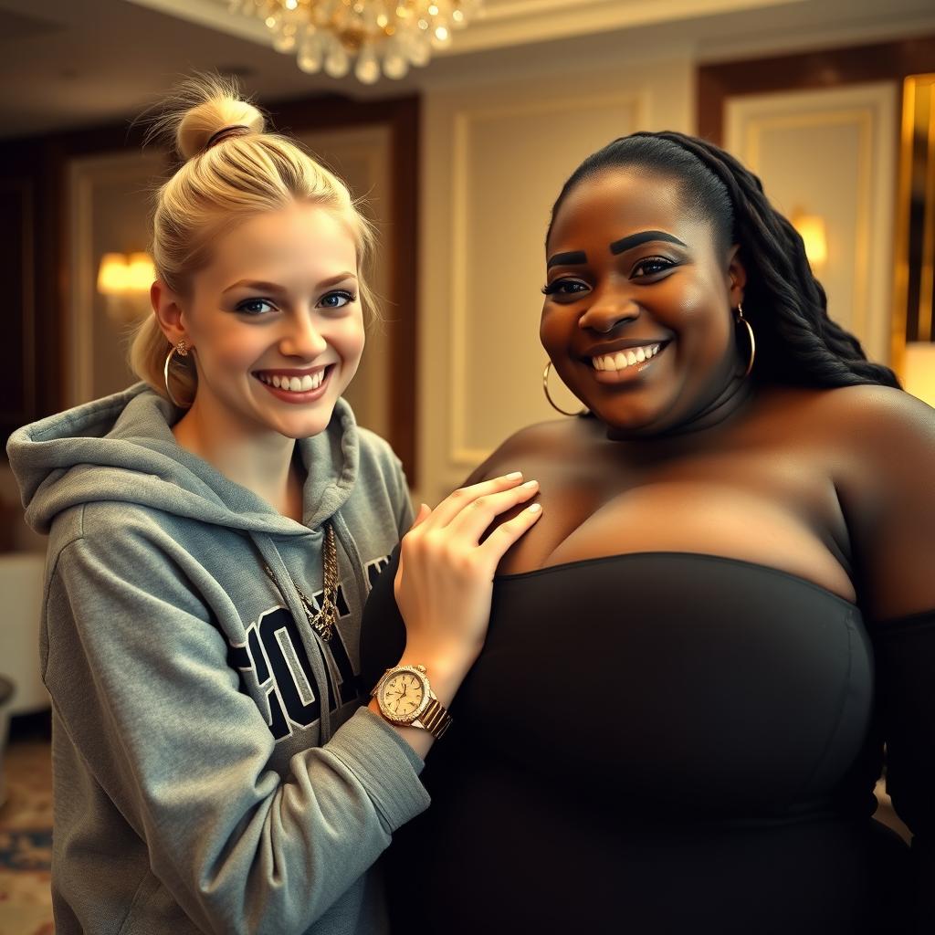 In a luxurious hotel environment, a young, petite, and slender 20-year-old blonde woman with blue eyes is wearing a gangster-style hooded sweatshirt