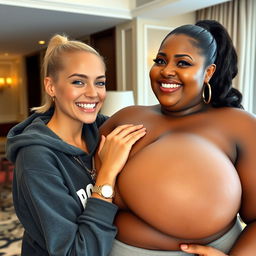 In a luxurious hotel environment, a young, petite, and slender 20-year-old blonde woman with blue eyes is wearing a gangster-style hooded sweatshirt