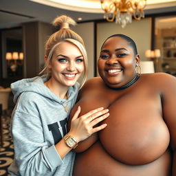 In a luxurious hotel environment, a young, petite, and slender 20-year-old blonde woman with blue eyes is wearing a gangster-style hooded sweatshirt