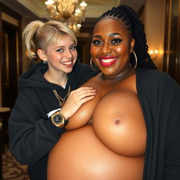 In a luxurious hotel environment, a petite, malnourished 20-year-old blonde woman with blue eyes is dressed in a gangster-style hooded sweatshirt, featuring a gangster gold chain and a gold watch