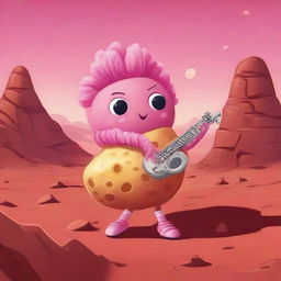 An anthropomorphized potato on the reddish terrain of Mars, amusingly playing a saxophone and eating a chimichanga, clad in a frilly, pink ballerina dress.