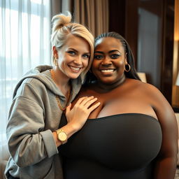 In a luxurious hotel environment, a young, petite, and slender 20-year-old blonde woman with blue eyes is wearing a gangster-style hooded sweatshirt