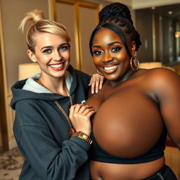 In a luxurious hotel environment, a young, petite, and slender 20-year-old blonde woman with blue eyes is wearing a gangster-style hooded sweatshirt