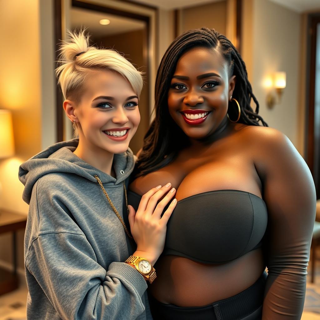 In a luxurious hotel environment, a young, petite, and slender 20-year-old blonde woman with blue eyes is wearing a gangster-style hooded sweatshirt