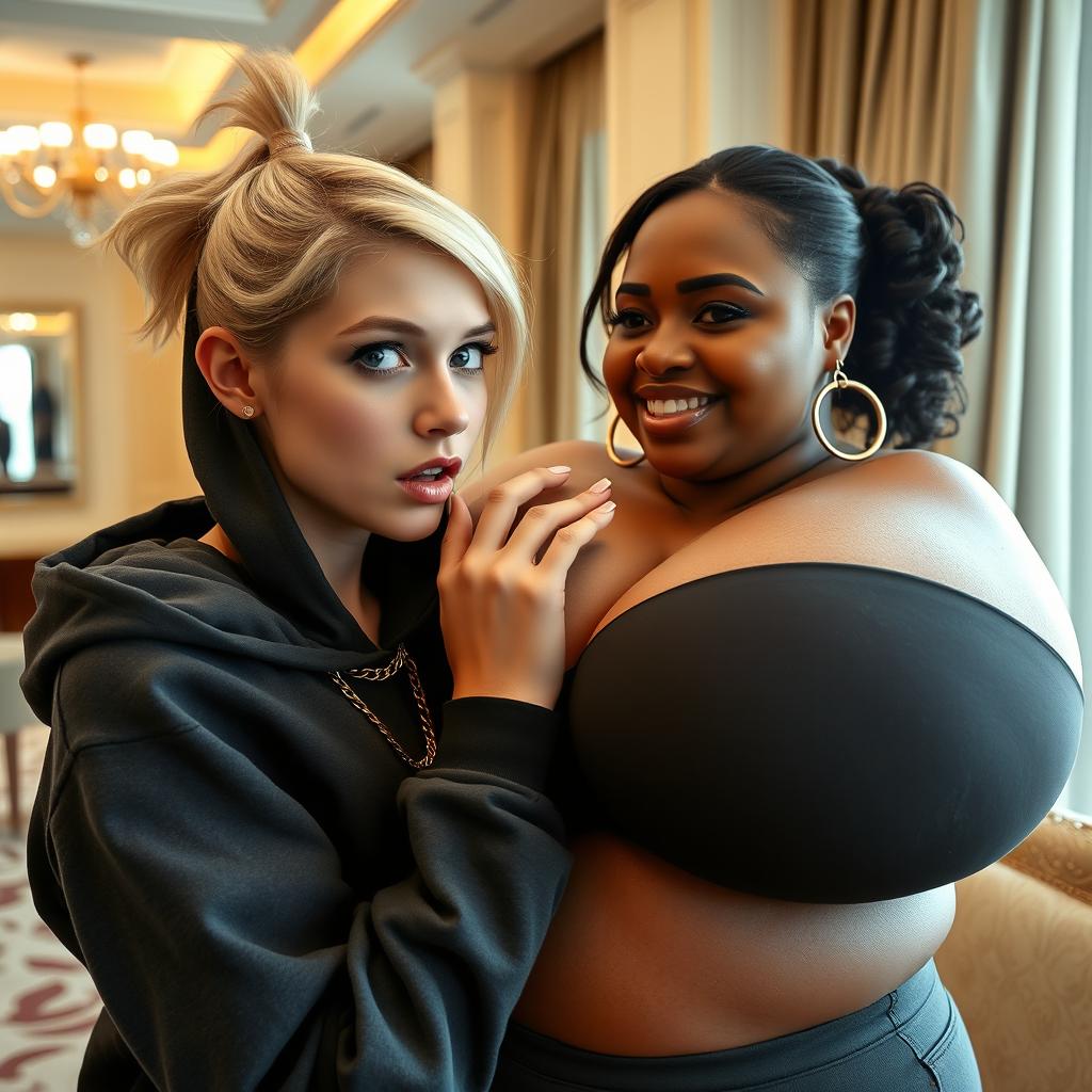 In a luxurious hotel environment, a young, petite, and slender 20-year-old blonde woman with blue eyes is wearing a gangster-style hooded sweatshirt