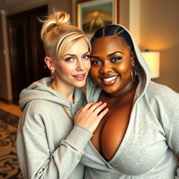 In a luxurious hotel environment, a young, petite, and slender 20-year-old blonde woman with blue eyes is wearing a gangster-style hooded sweatshirt