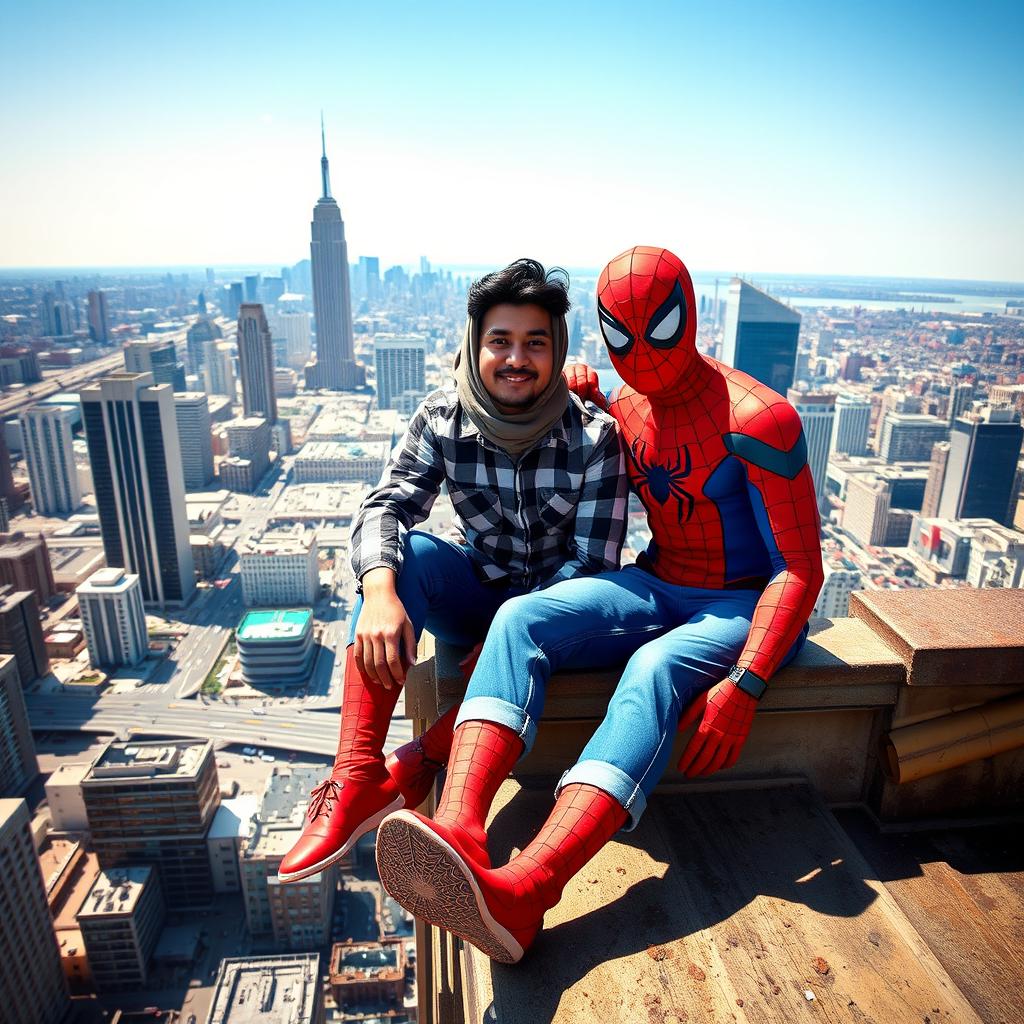 A handsome guy wearing a hijab, a plaid shirt, and jeans is sitting side by side with Spiderman on top of a very tall building