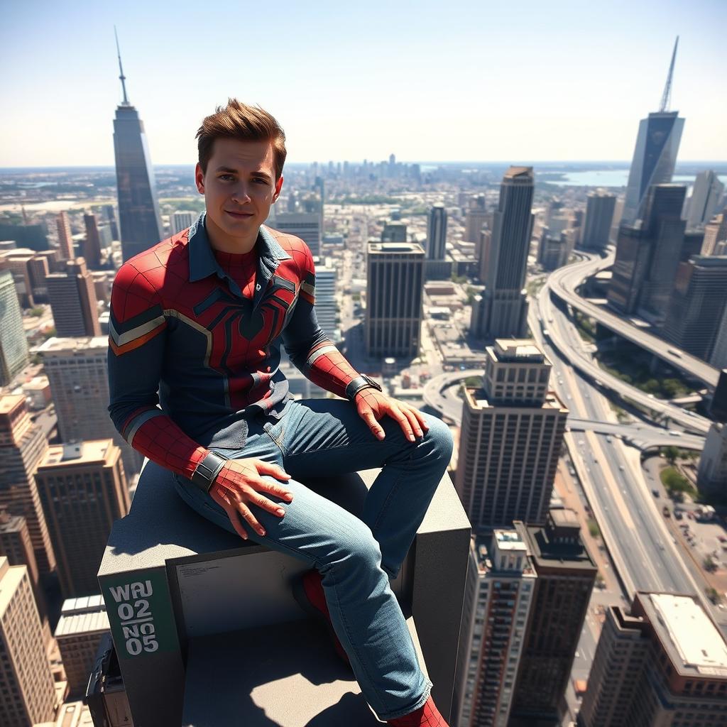 A handsome young man wearing a stylish shirt and jeans, sitting side by side with Spiderman on top of a very tall building