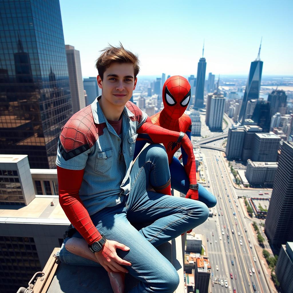 A handsome young man wearing a casual shirt and jeans, sitting side by side with Spiderman on top of a very tall building