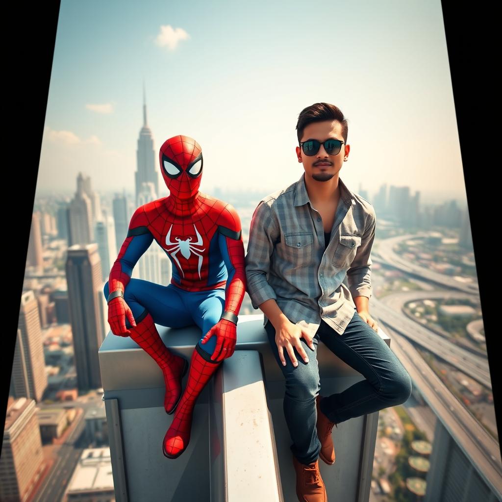 Spiderman and a handsome Indonesian man wearing a stylish shirt and jeans, sitting side by side on top of a very tall building