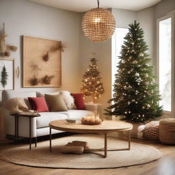 An enchanting living room festively adorned for Christmas and New Year 2024, boasting a bamboo and rattan wall decor, a pendant light, and a cozy Christmas tree situated in the corner.