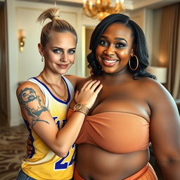 In a luxurious hotel setting, a young, petite, and slender 20-year-old blonde woman with blue eyes is wearing a Lakers tank top