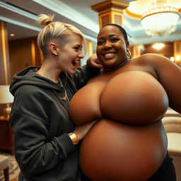 In a luxurious hotel environment, a young, petite, and slender 20-year-old blonde woman with blue eyes is wearing a gangster-style hooded sweatshirt