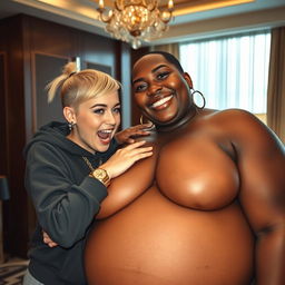 In a luxurious hotel environment, a young, petite, and slender 20-year-old blonde woman with blue eyes is wearing a gangster-style hooded sweatshirt