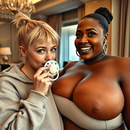 In a luxurious hotel setting, a young, petite, and slender 20-year-old blonde woman with blue eyes is wearing a gangster-style hooded sweatshirt