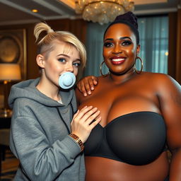 In a luxurious hotel setting, a young, petite, and slender 20-year-old blonde woman with blue eyes is wearing a gangster-style hooded sweatshirt