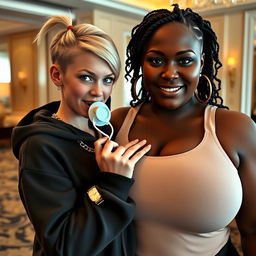 In a luxurious hotel environment, a young, petite, and slender 20-year-old blonde woman with blue eyes is dressed in a gangster-style hooded sweatshirt