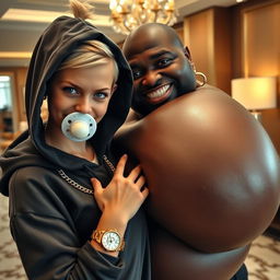 In a luxurious hotel environment, a young, petite, and slender 20-year-old blonde woman with blue eyes is dressed in a gangster-style hooded sweatshirt