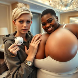 In a luxurious hotel environment, a young, petite, and slender 20-year-old blonde woman with blue eyes is dressed in a gangster-style hooded sweatshirt