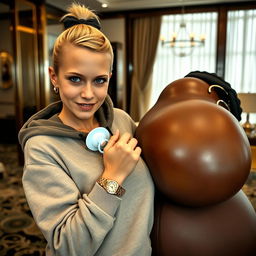 In a luxurious hotel environment, a young, petite, and slender 20-year-old blonde woman with blue eyes is dressed in a gangster-style hooded sweatshirt
