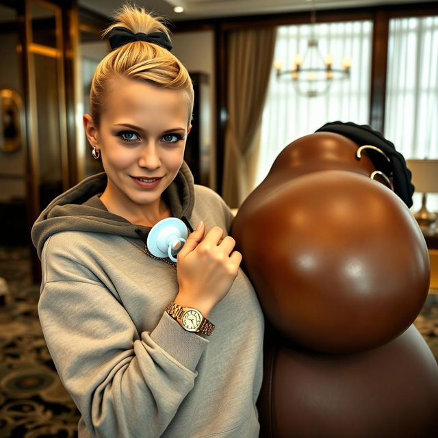 In a luxurious hotel environment, a young, petite, and slender 20-year-old blonde woman with blue eyes is dressed in a gangster-style hooded sweatshirt