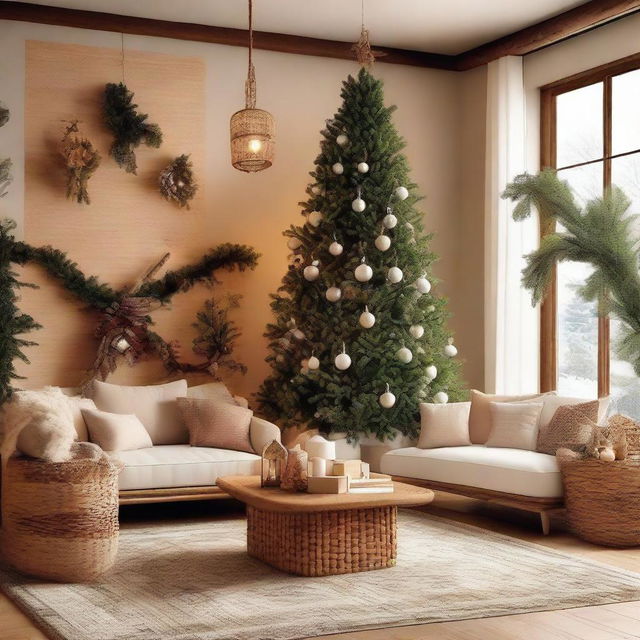 An enchanting living room festively adorned for Christmas and New Year 2024, boasting a bamboo and rattan wall decor, a pendant light, and a cozy Christmas tree situated in the corner.