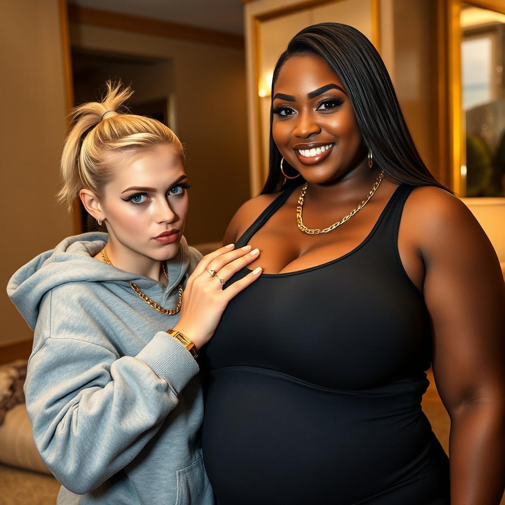 In a luxurious hotel setting, a young, petite, and slender 20-year-old blonde woman with blue eyes is dressed in a gangster-style hooded sweatshirt