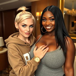 In a luxurious hotel setting, a young, petite, and slender 20-year-old blonde woman with blue eyes is dressed in a gangster-style hooded sweatshirt