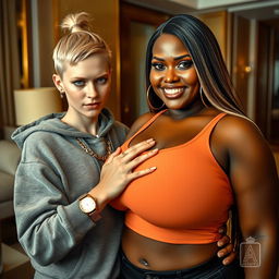 In a luxurious hotel environment, a young, petite, and slender 20-year-old blonde woman with blue eyes is dressed in a gangster-style hooded sweatshirt